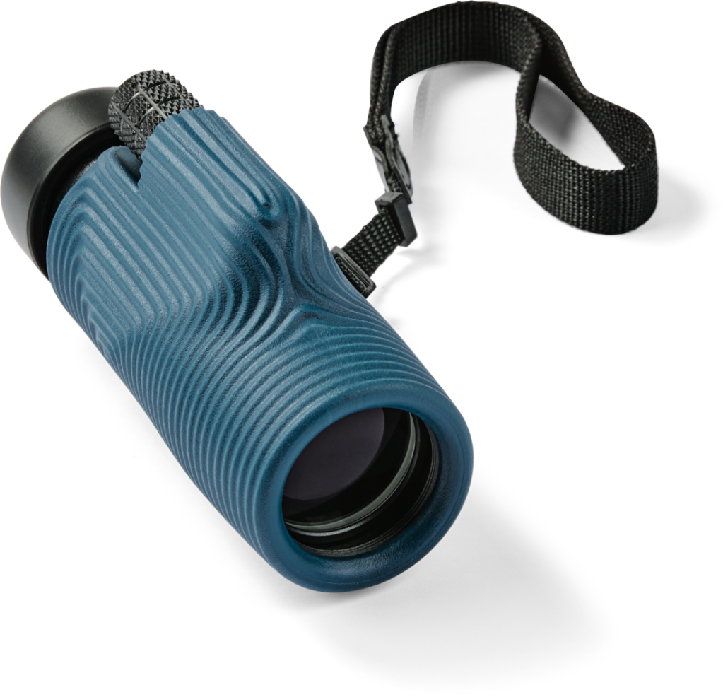 A dark blue monocular telescope.