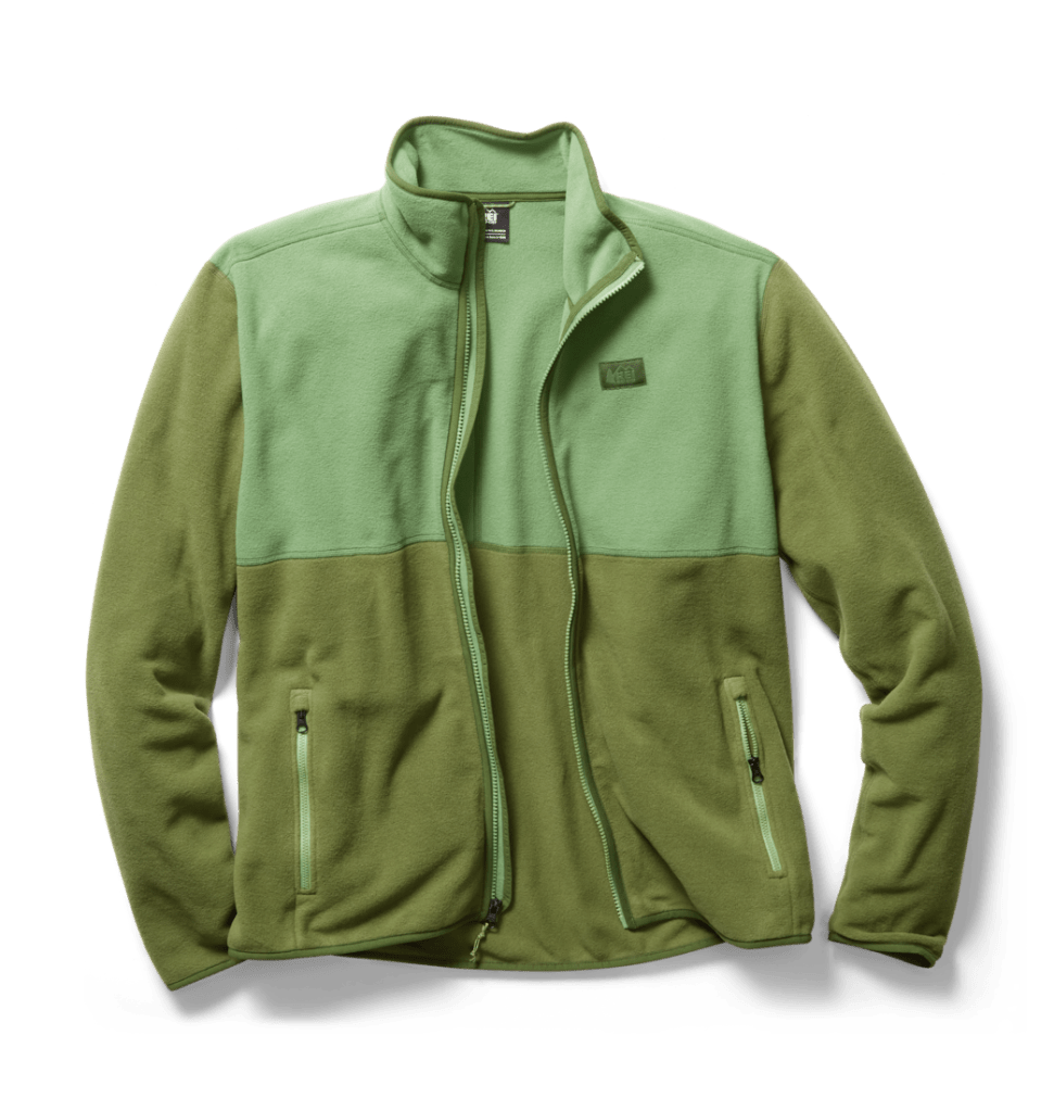 A fleece jacket that is made of two panels of different colors of green.