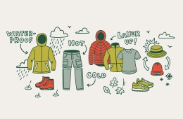 An illustration of a collection of REI Co-op hiking products with a variety of climate conditions