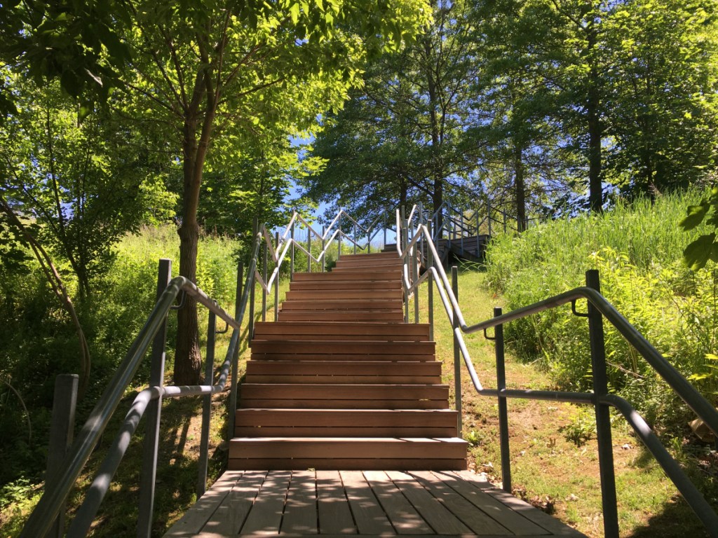 A staircase going up, flanked by green space on an urban trail