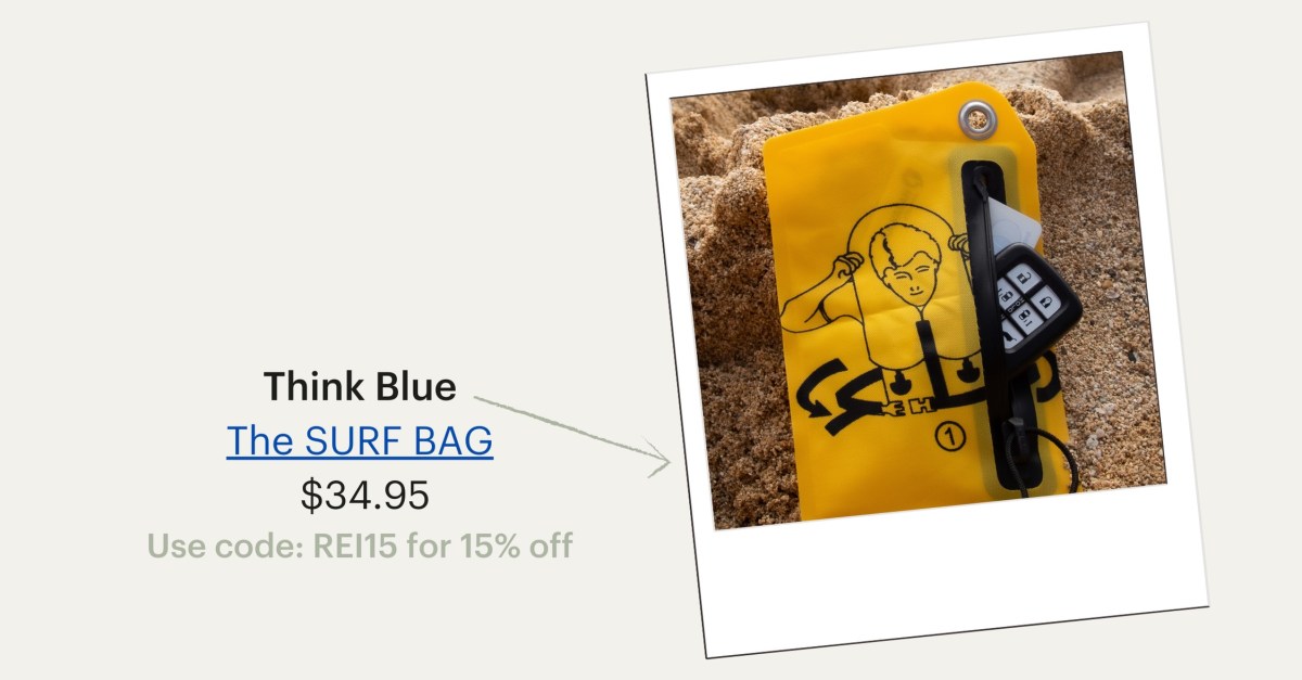 A yellow bag with a drawing of a person putting a life vest against a sandy background. Think Blue The Surf Bag, $34.95. Use code REI15 for 15% off.