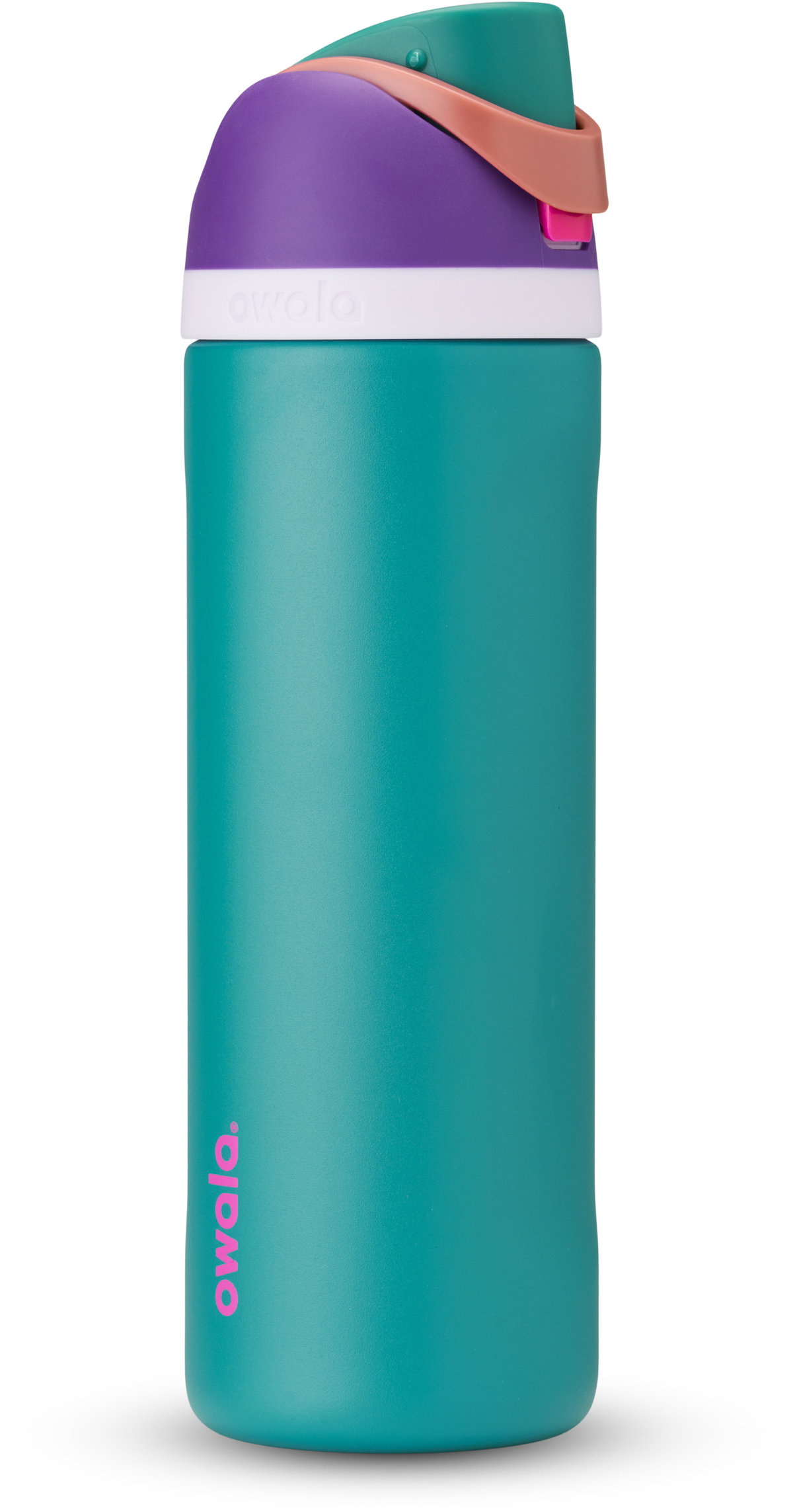 Product shot of an Owala water bottle. It's teal and purple.