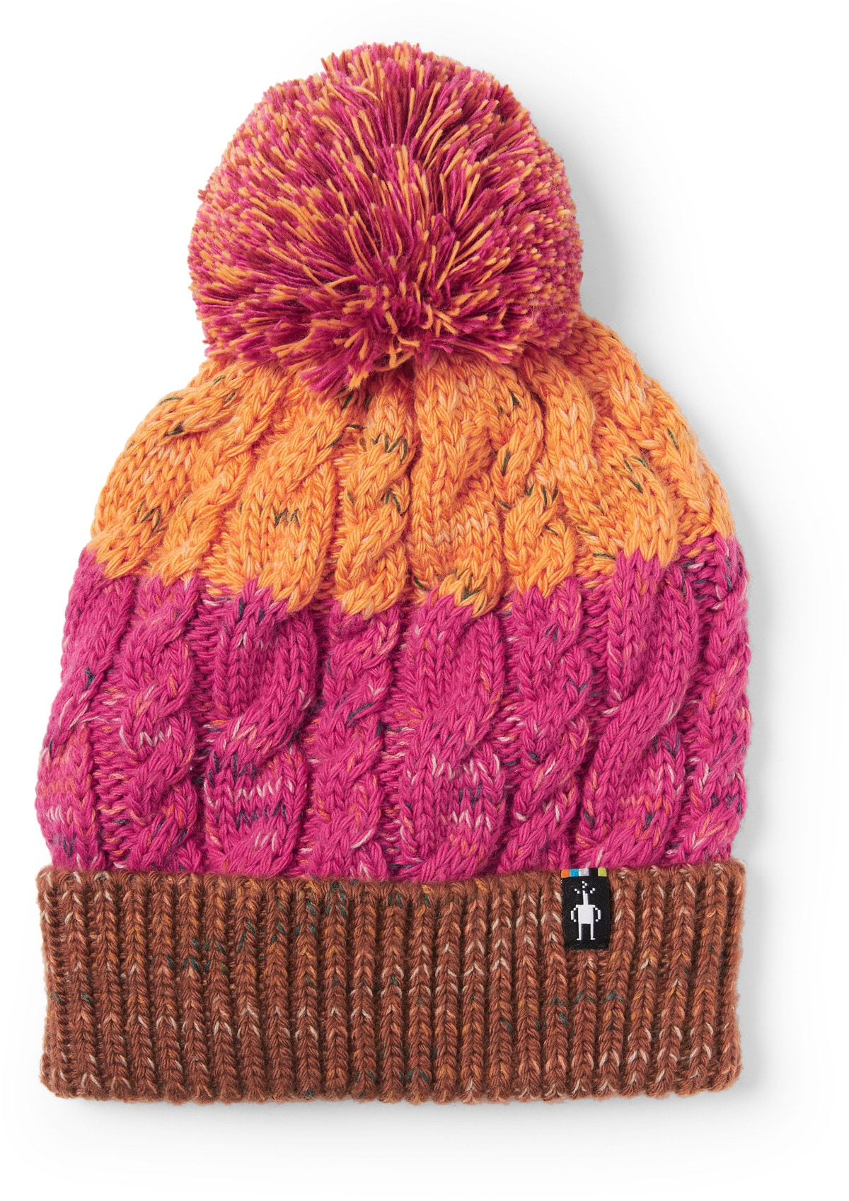 Product shot of a Smartwool beanie in pink, red and orange. 
