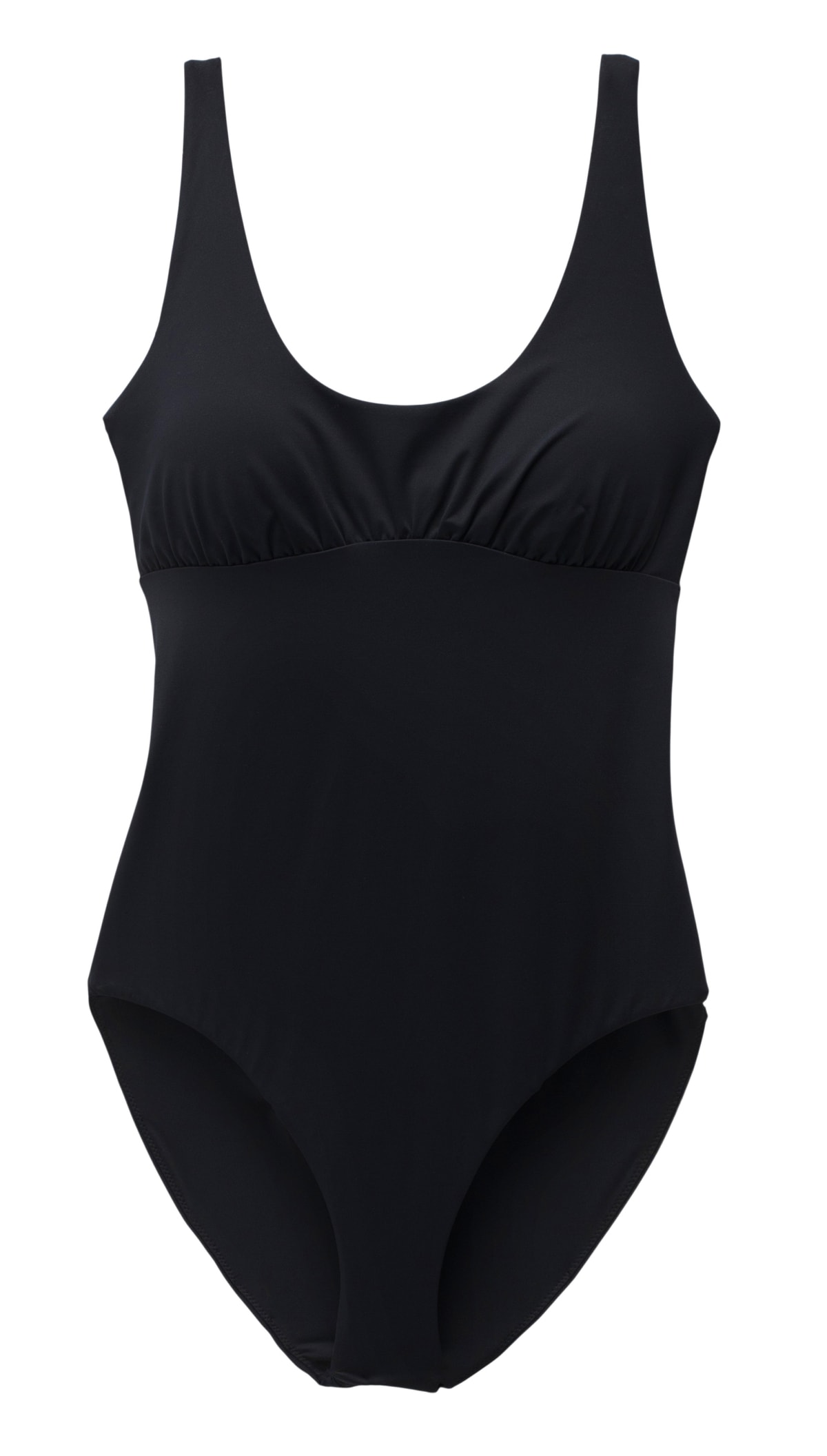 Product shot of a black, one-piece swimsuit.
