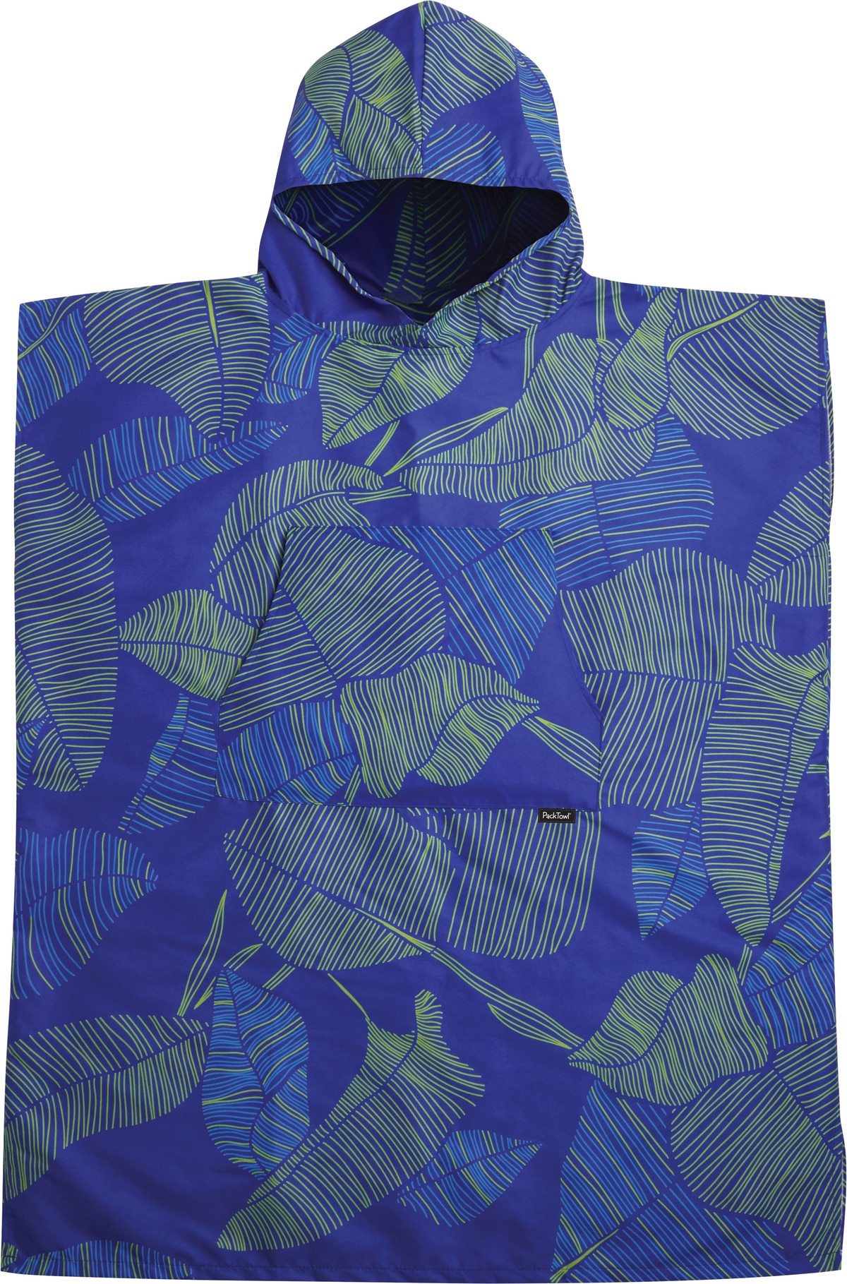 Product shot of a changing poncho. It's blue with a leaf print. 