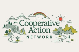 The Cooperative Action Network logo will illustrated elements around it, including a rainbow, a desert scene, and a mountain scene