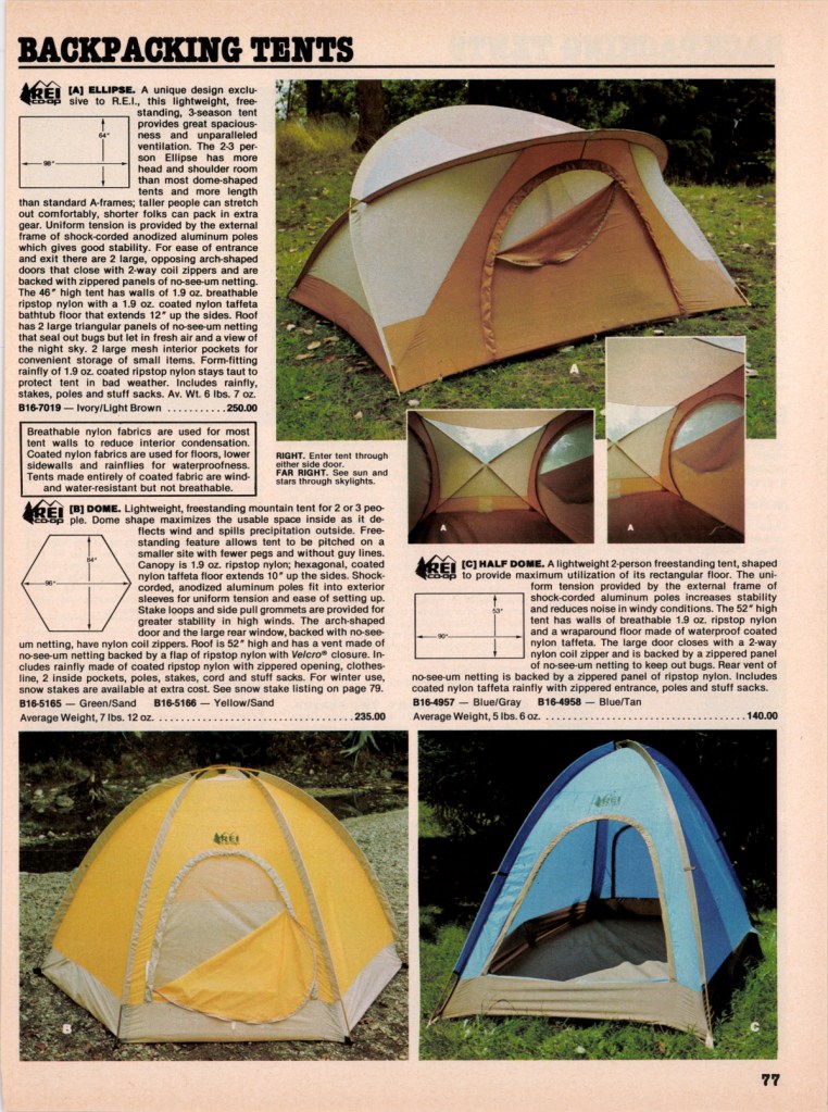 Page from a 1980-1981 REI catalog showing tents