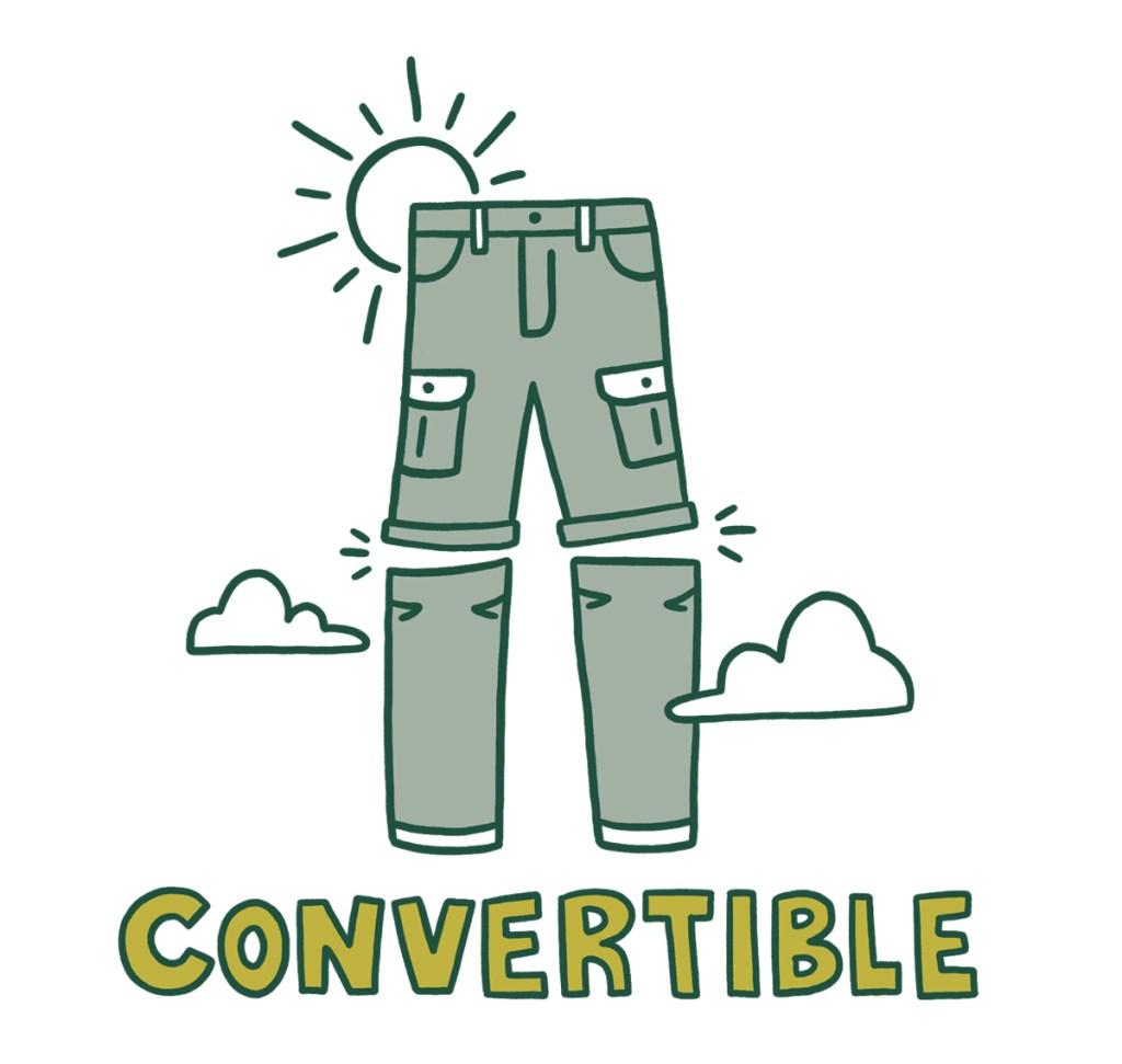 An illustration of a pair of convertible pants surrounded by sun and clouds. The bottom part of the pants are detached. The word 'convertible' is written underneath