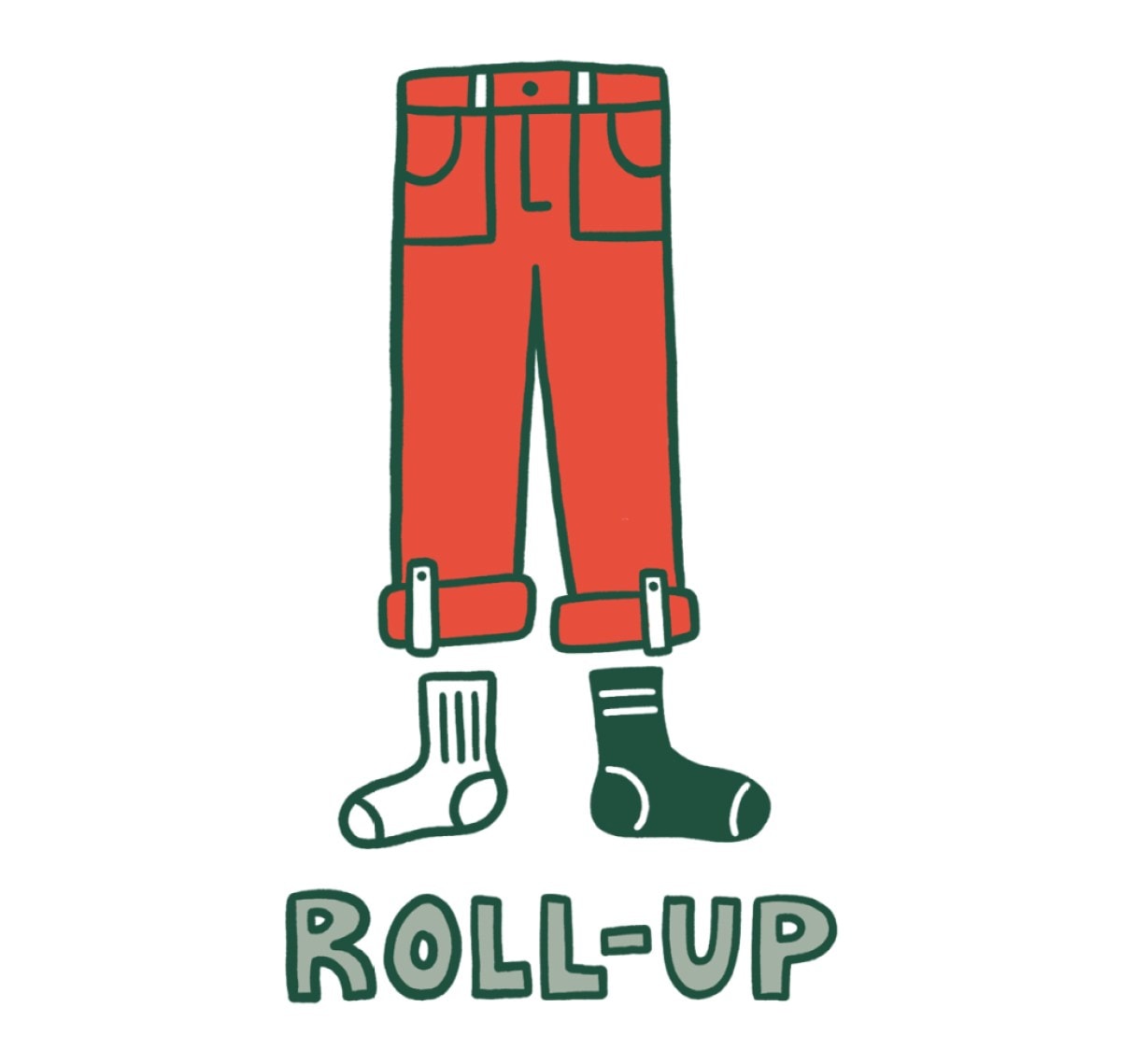 An illustration of a pair of rolled up pants with socks. The words 'roll-up' are written underneath