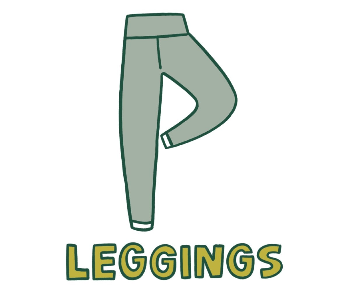 An illustration of tights, leggings or yoga pants, with one leg positioned bent up with the foot on the other calf. The word 'leggings' is written underneath
