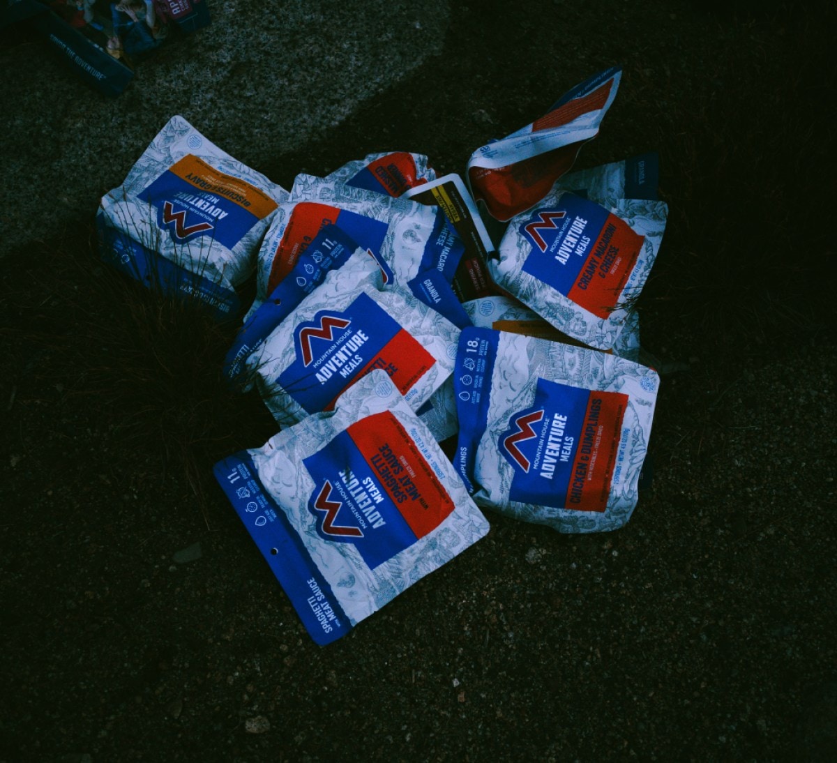 A stack of Mountain House freeze-dried food