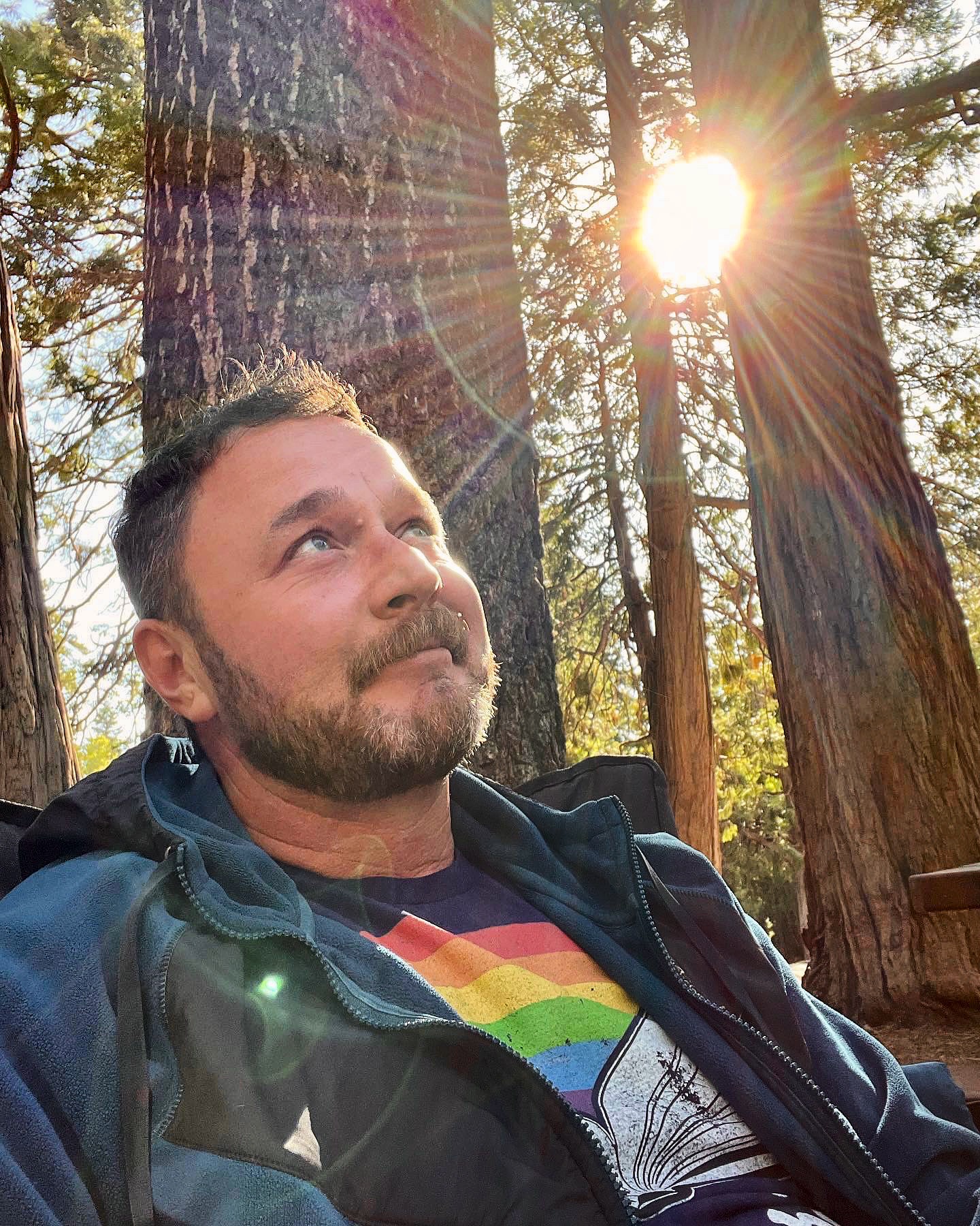 A person wearing a rainbow shirt sits among the trees, looking up at the canopy