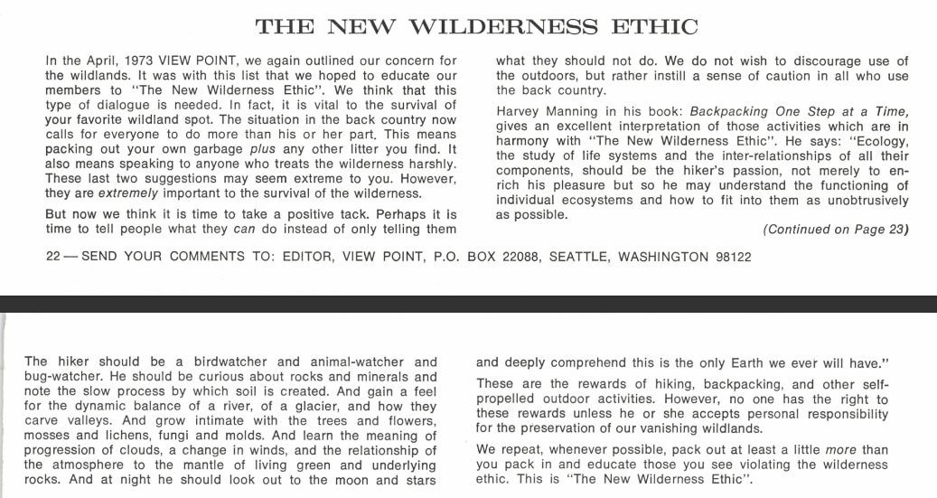 A clip of a 1973 View Point newsletter that shares the Wilderness Ethic with REI members