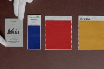 Swatches from the REI color palette, including blue red and yellow.