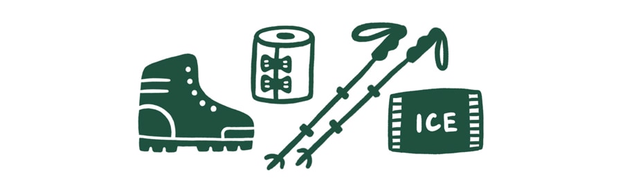 An illustration of a hiking boot, a compression bandage, trekking poles and a pack of ice