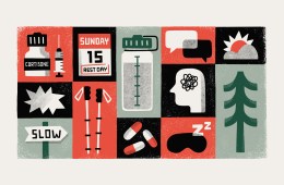 Illustration of images associated with chronic pain, like a cortisone injection and medications.