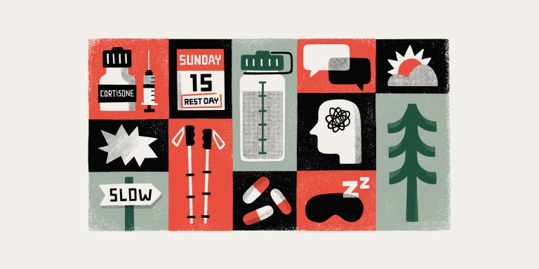 Illustration of images associated with chronic pain, like a cortisone injection and medications.