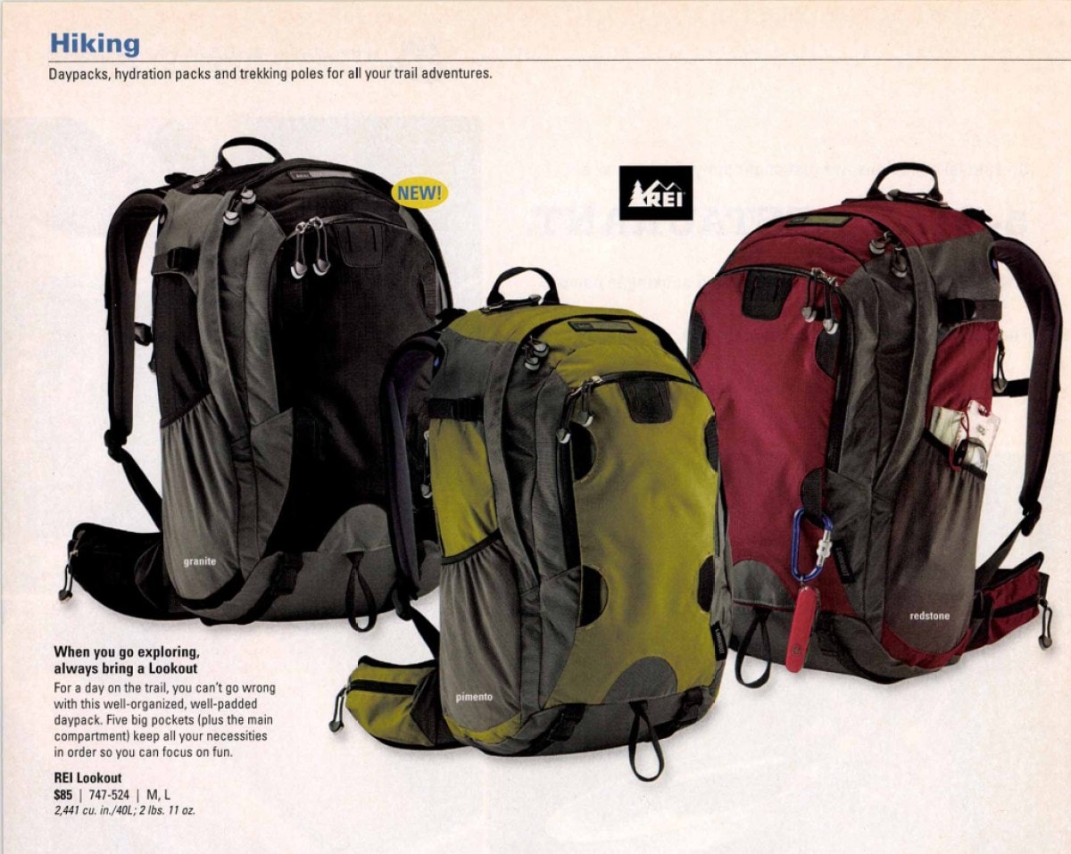 A scan from a vintage REI Co-op catalog from 2007, advertising the 40-liter Lookout pack
