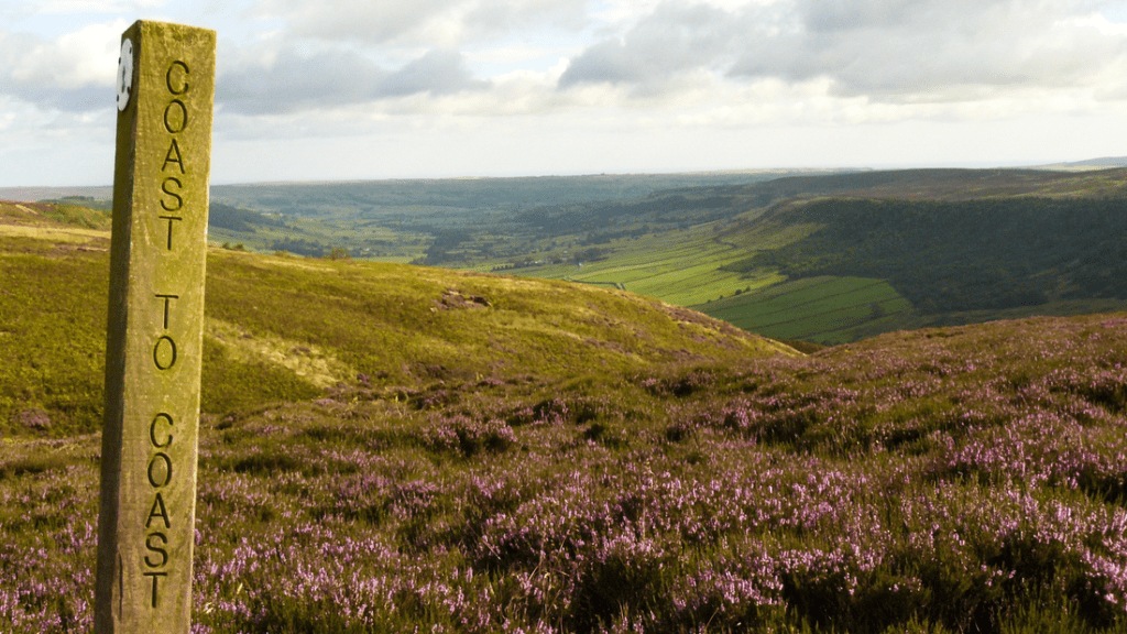 A view of the Scottish Highlands, with a sign on a wooden post that reads "Coast to Coast"