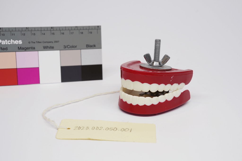 A pair of toy chatty teeth on a white background next to a color test strip.