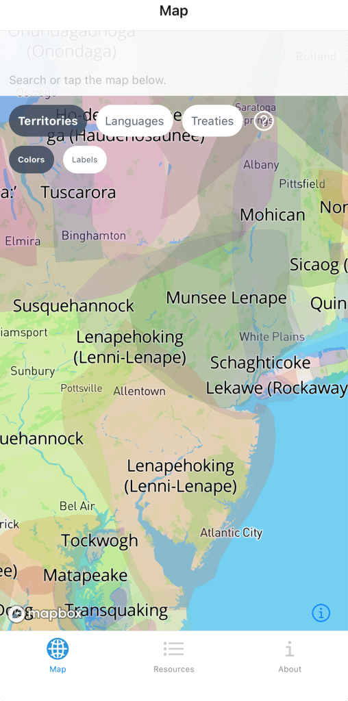 A screenshot of a colorful screen that shows the names of various Indigenous peoples whose lands used to be in contemporary US territories