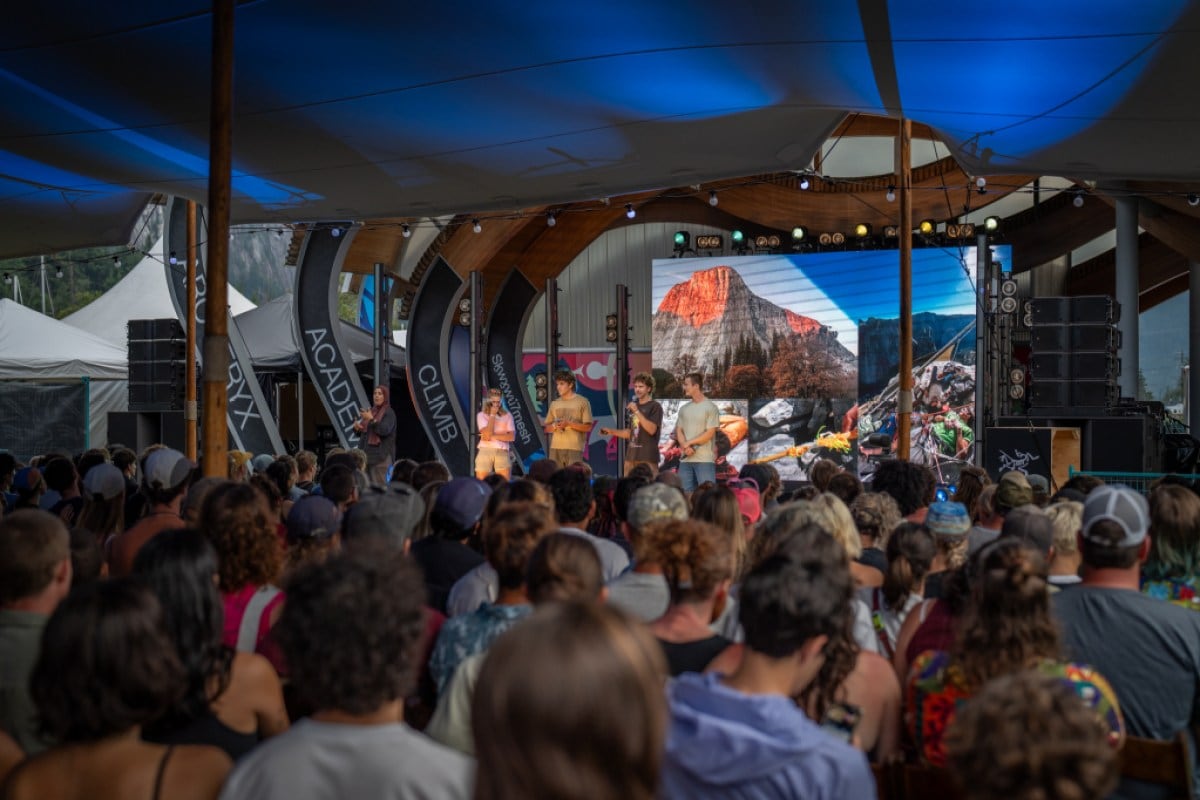 Crowds gather in the evening to hear talks at the Arc'teryx Climb Academy in Squamish, British Columbia