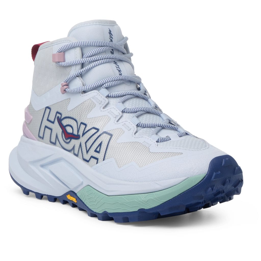 A hiking shoe with blue accents and a mid-cut collar on a white background