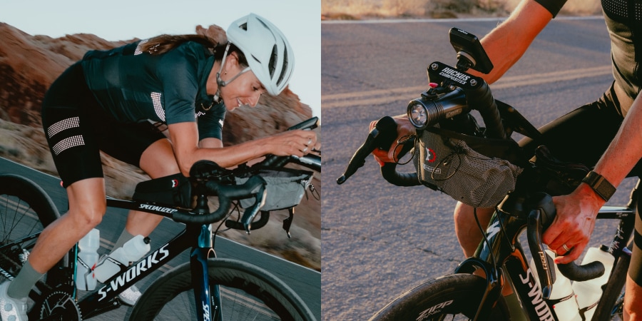 Two images of Lael on a bike with her Revelate Designs Aerobar Bag on a bike