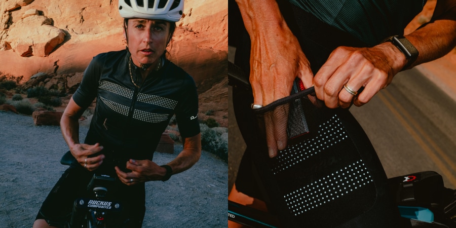 Side-by-side images of Lael Wilcox in her Rapha jersey and cargo bib shorts.
