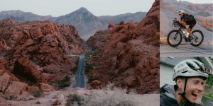 A mountainous canyon with a road running through it next to two images of cyclist Lael Wilcox, riding her bike and laughing with a helmet and glasses on, respectively.