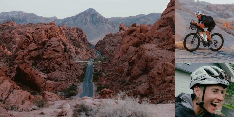 A mountainous canyon with a road running through it next to two images of cyclist Lael Wilcox, riding her bike and laughing with a helmet and glasses on, respectively.