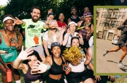 A group of runners smiling and celebrating, with a photo of Alison Désir running and smiling overlaying the image.