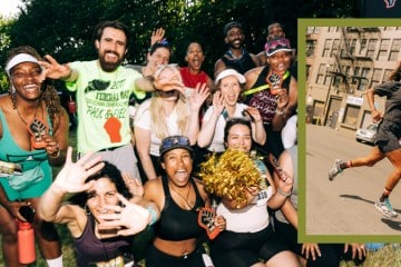 A group of runners smiling and celebrating, with a photo of Alison Désir running and smiling overlaying the image.