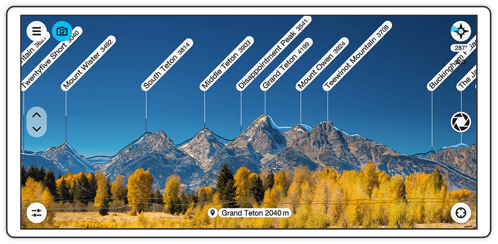 A sideways phone screen displaying a mountain range with text overlay that gives the name and elevation of each peak in the frame.