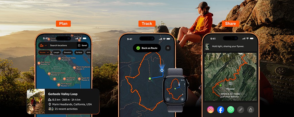 A graphic displaying several of the different feature screens available for hikers using the Strava app