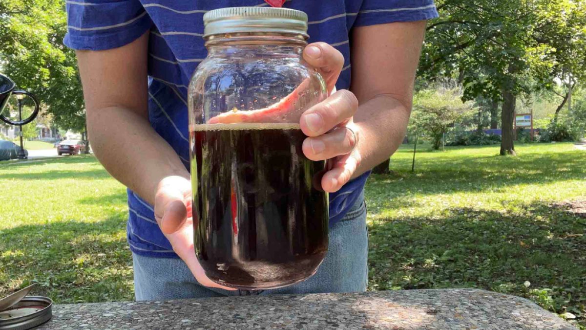 A person standing outside at a coffee table holds a jar of finished and filtered cold-brew concentrate at the camera