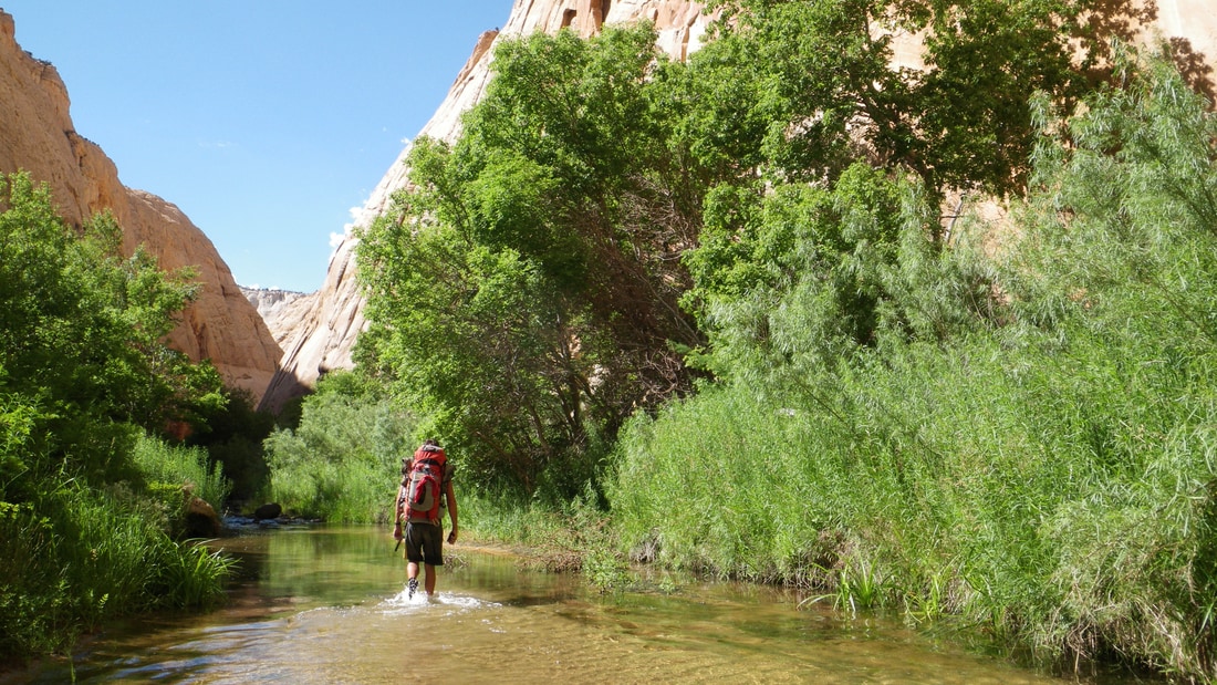 A person walks through shallow water at a national monument