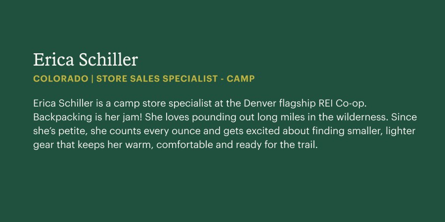 A green box text inside including a biography of the staff member Erica Schiller