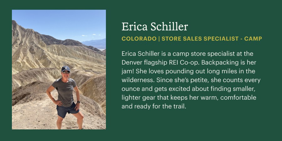 A green box with a headshot photograph and text inside including a biography of the staff member Erica Schiller