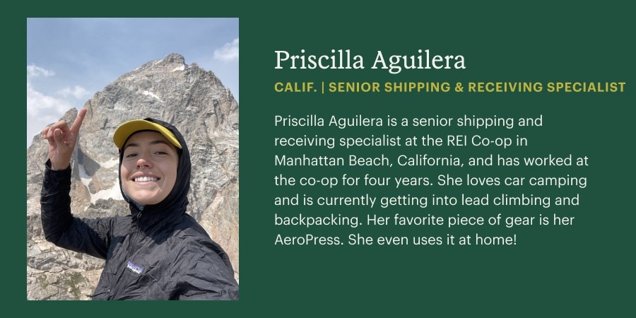 A green box with a headshot photograph and text inside including a biography of the staff member Priscilla Aguilera