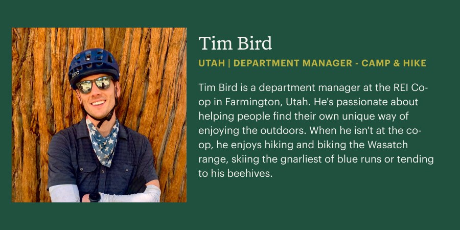 A green box with a headshot photograph and text inside including a biography of the staff member Tim Bird