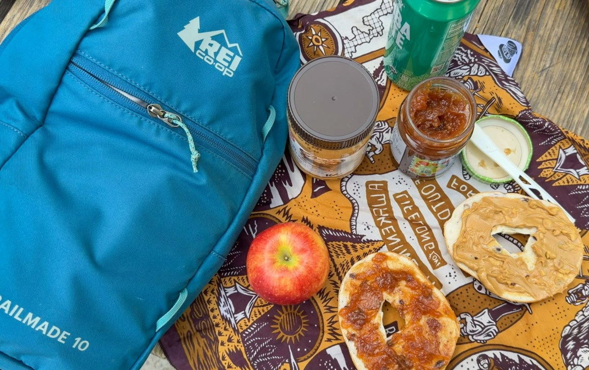 An REI backpack sits alongside a bag, some salsa, and an apple