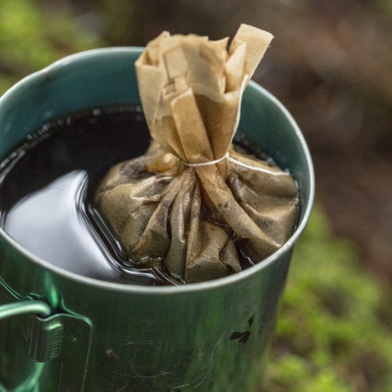 A coffee mug with steeping cold brew coffee