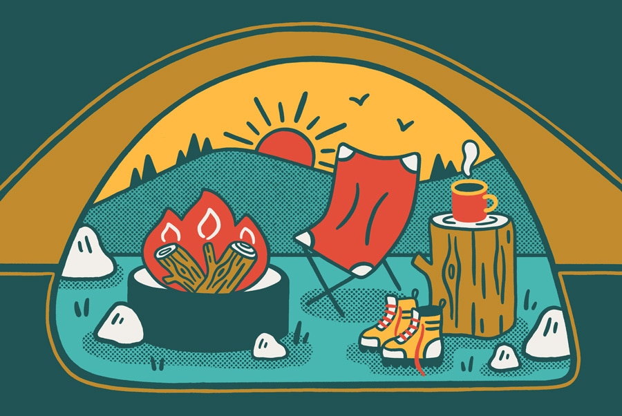 Illustration of a view looking out of a tent: camp chair, campfire, rising sun and coffee.