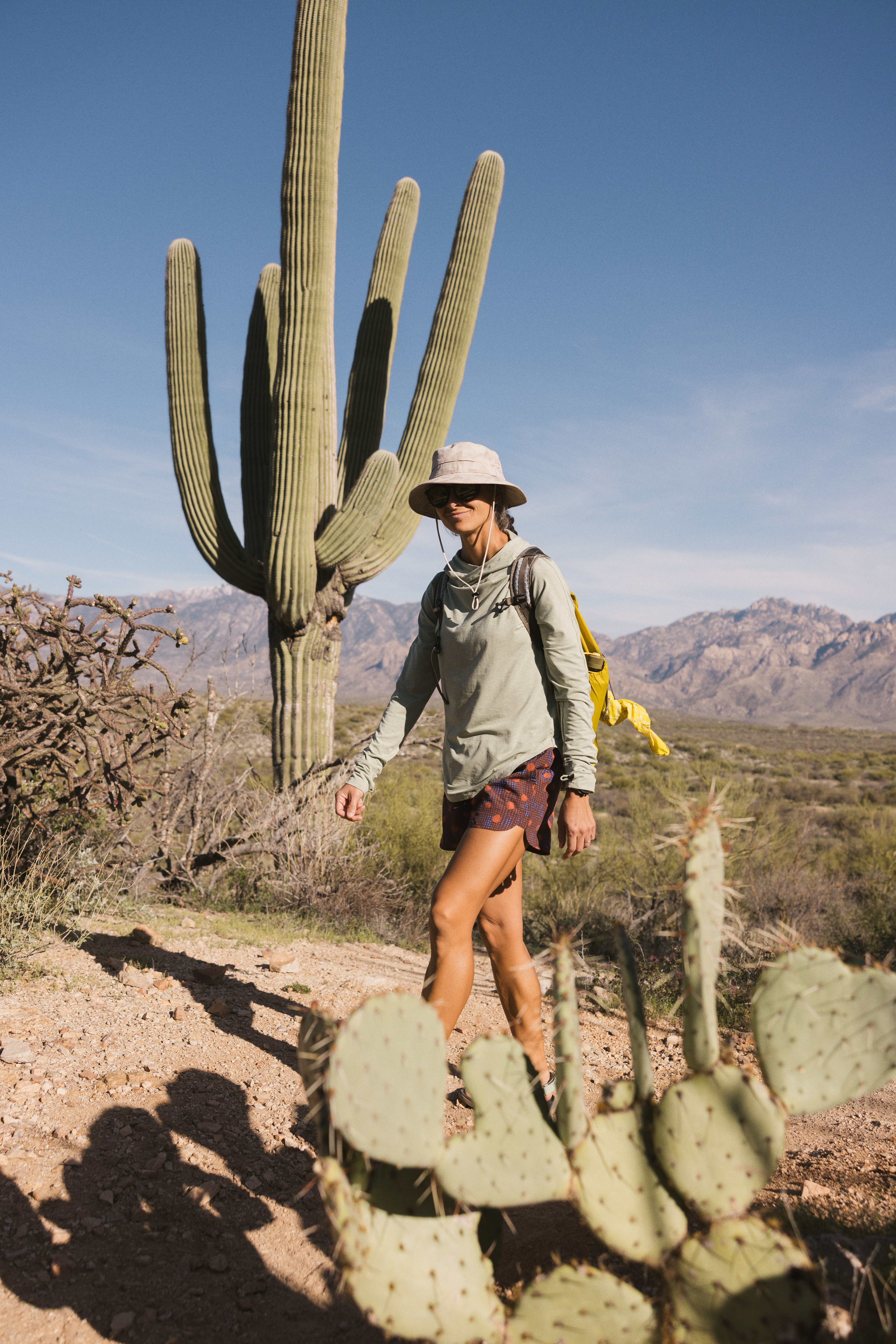 Woman hikes in the desert among cacti and mountains