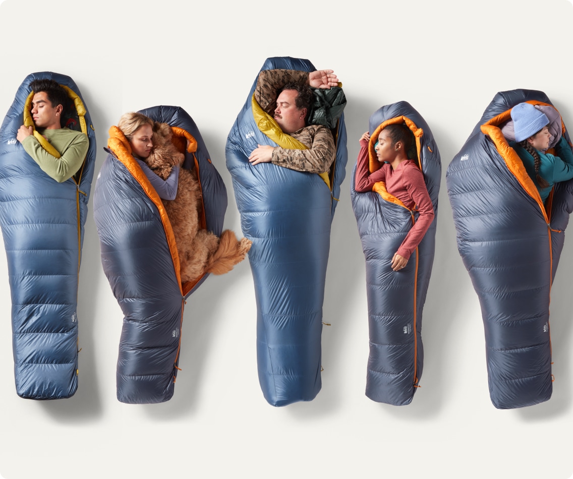 People sleeping in various-sized bags.