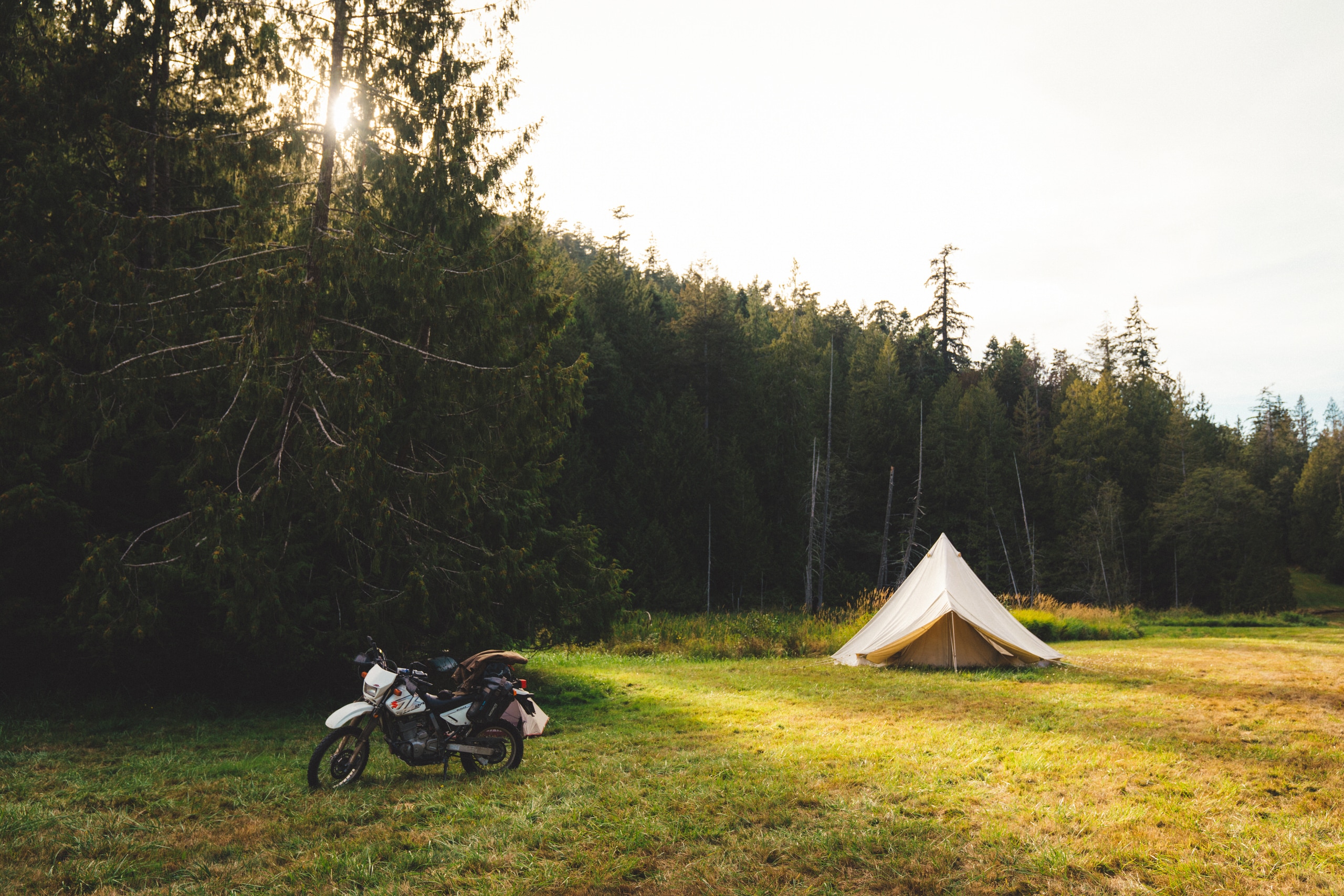 Grassy campground with a tent in the background and a motorcycle in the foreground.