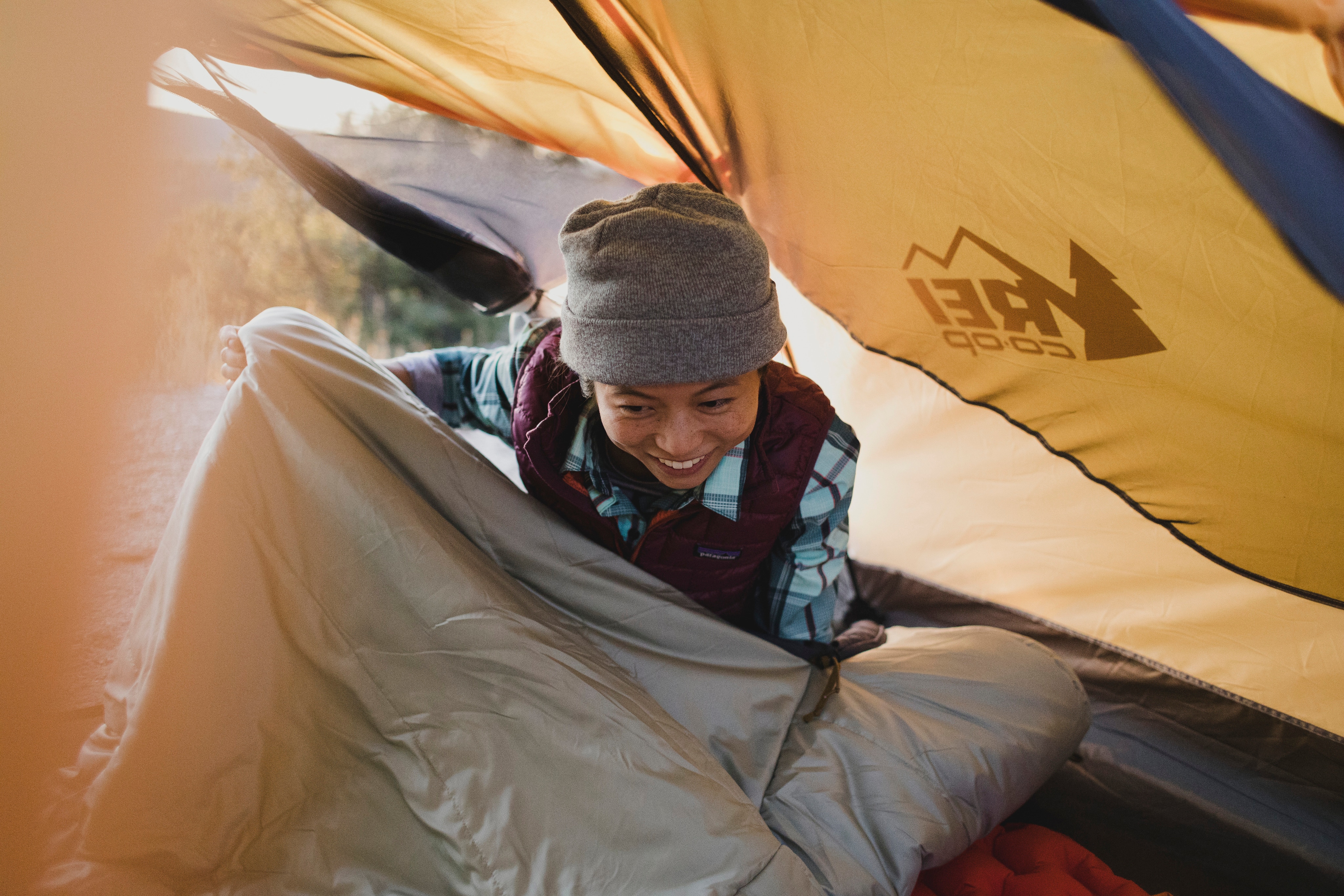 Camper inside of a tent