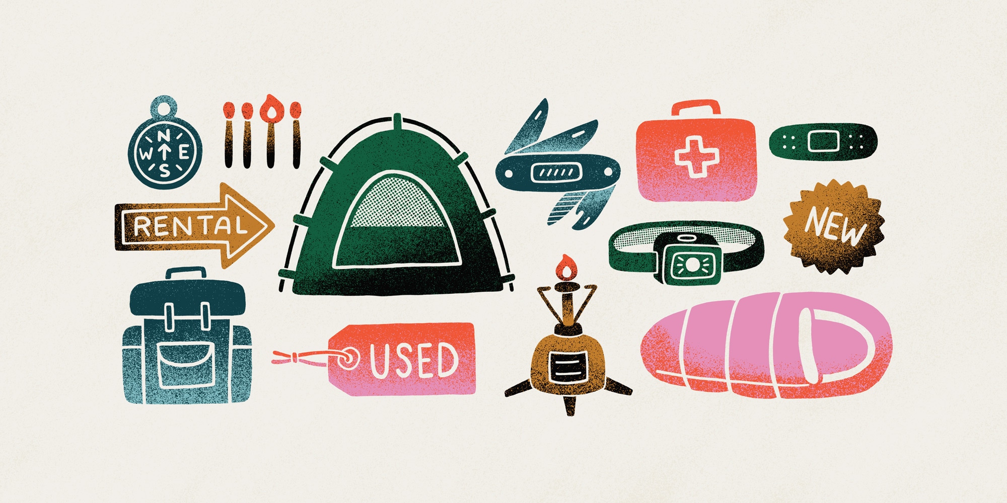 An illustration of different pieces of outdoor gear, like a sleeping bag and tent, along with symbols that say "Rental," "new," and "used"