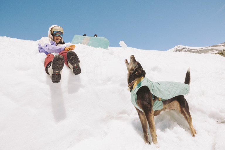 A person sits in a high snowbank and throws a snowball for a dog to catch in their mouth.